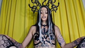 Halloween pegging video. Medusa the Gorgon fucks her slave in a chastity belt in the ass with a strap-on.