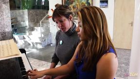 Lesbian and her teacher with big natural tits strip their